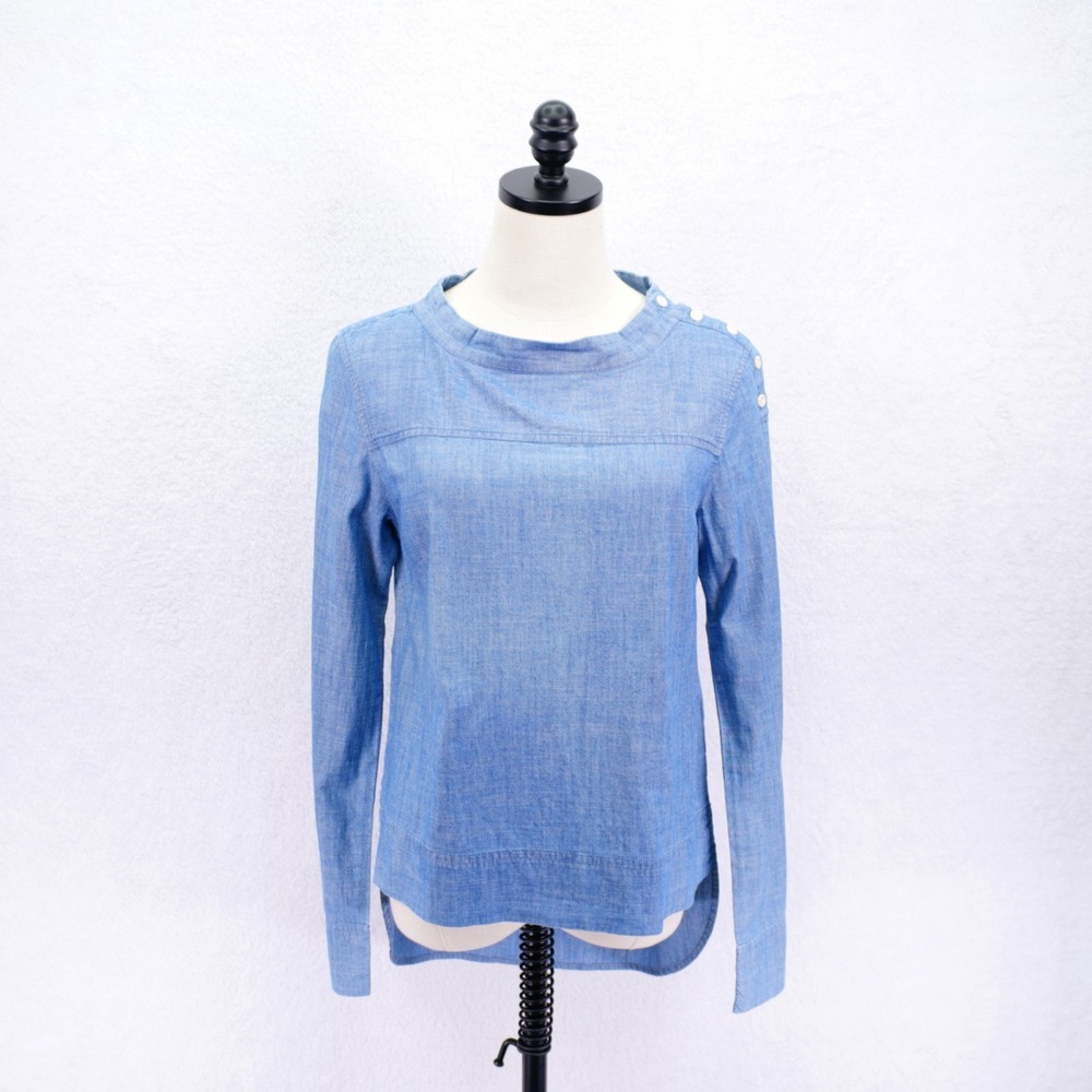J. Crew -2- Light Blue Chambray Long Sleeve Top Blouse Shoulder Buttons Hi-Low